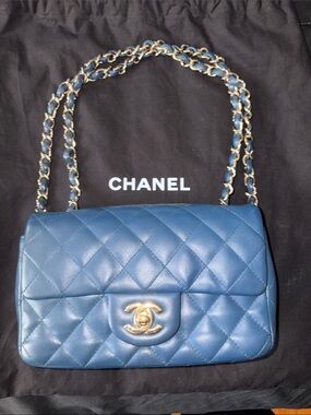 CHANEL Quilted Flap Shoulder Bag in Blue with Gold Chain